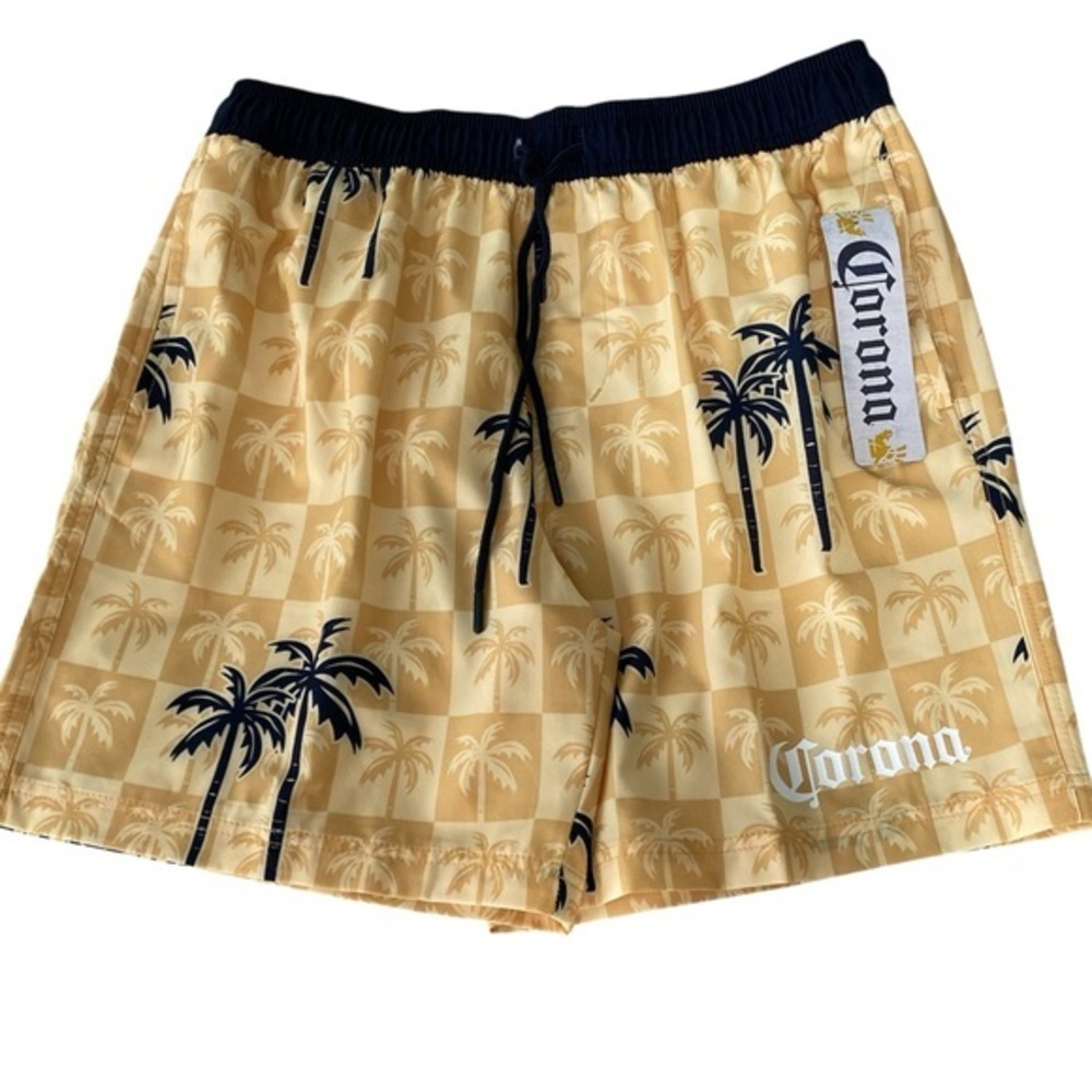 Man Corona Athletic Yellow and Black Shorts with Tropical Design for swim. - Picture 2 of 15